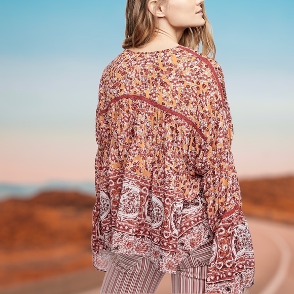 FREE PEOPLE Lorraine RETRO Print Tie-Front Wide Sleeve Flowy Tiered Kimono-Md - Picture 8 of 13